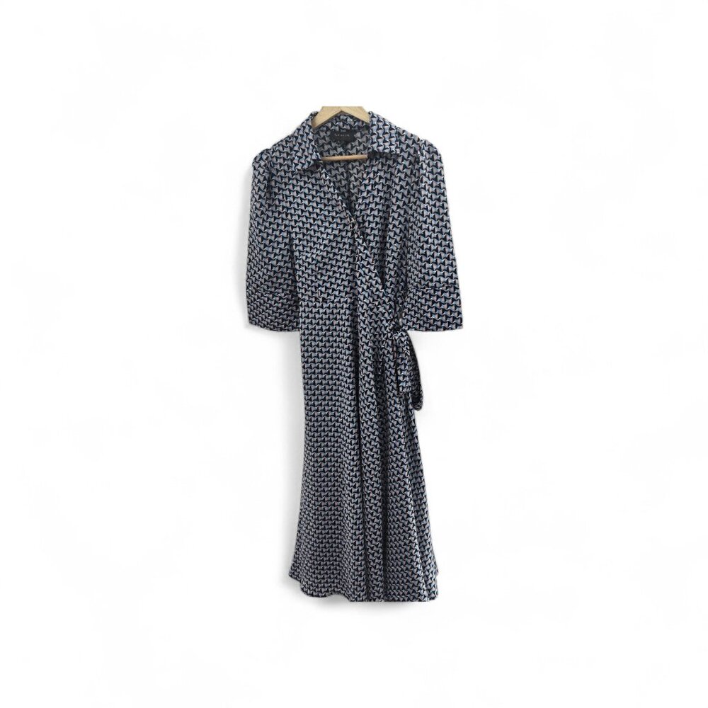 Gracia Blue Geometric Collared Neckline Wrap Midi Dress Size Small